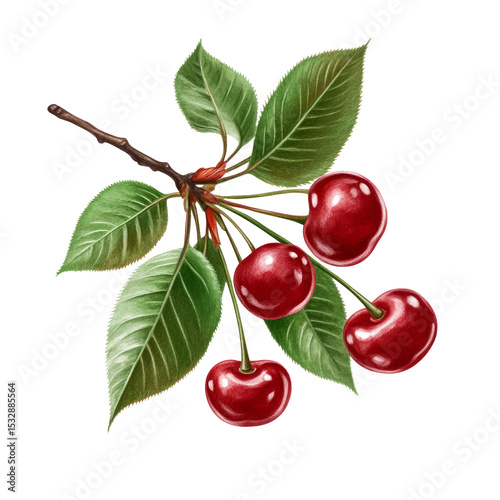 Hyper-detailed botanical cherry branch, red cherries with green leaves, transparent PNG, elegant flat lay style