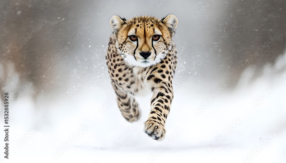 Fototapeta premium Cheetah running through snowy landscape.