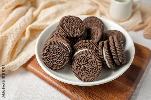 sandwich cookies with white cream in white plate