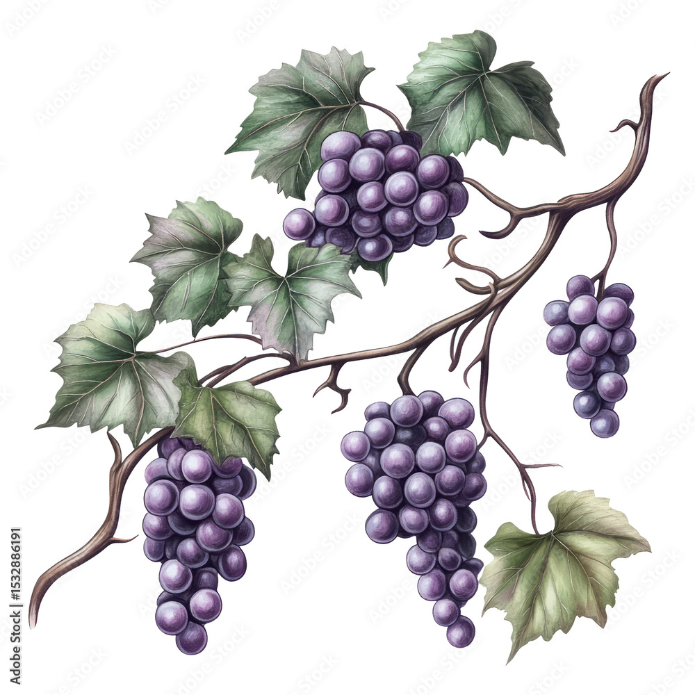 Obraz premium Modern botanical grapevine with purple grapes and detailed vine leaves, transparent PNG, natural science art