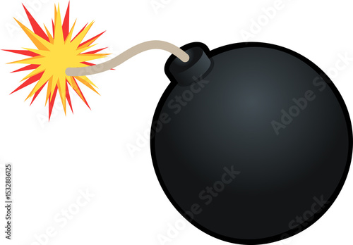 Cartoon-style bomb is glowing with lit fuse on transparent background, showing spark burst