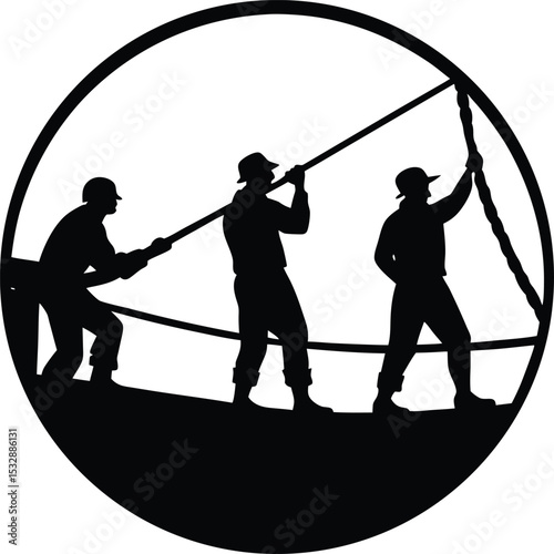 Silhouette of Crew Members Pulling Rope on Deck Shipboard Labor