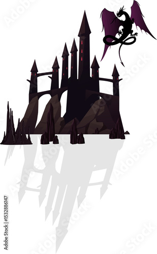 Gothic castle is floating on island with dragon silhouette hovering, flat design, clear background