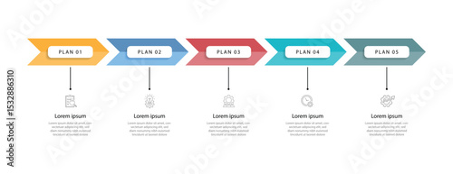 Business template infographic element. 5 step journey with lines, icons and arrow. Vector graphic design for business information, worksheet and banner presentation 