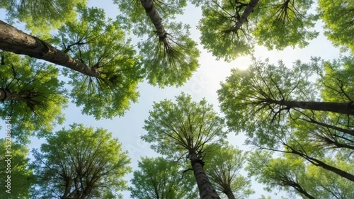 Looking Up Through Forest Trees with Sunlight and Blue Sky in the Background