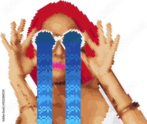 Pixel art woman adjusting white sunglasses and shedding blue pixel tears, transparent background