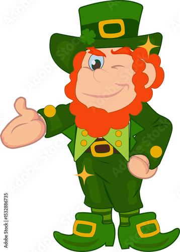 Flat style leprechaun with shamrock hat is winking and extending hand on transparent background