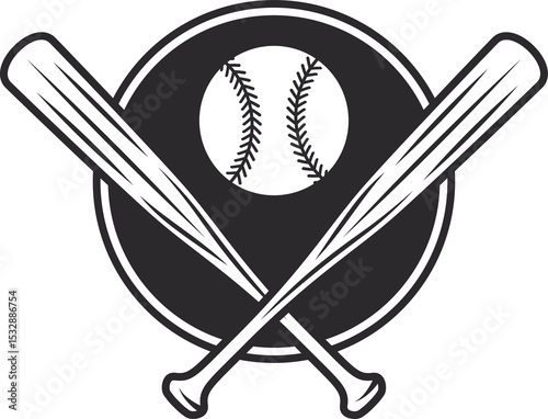 Baseball logo is showing flat design black and white circle, crossed bats, ball, clear background