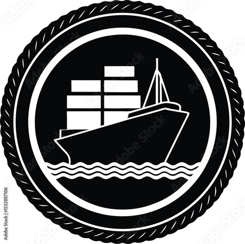 Silhouette of a Cargo Ship Inside Circular Badge with Wavy Frame Vessel Crest