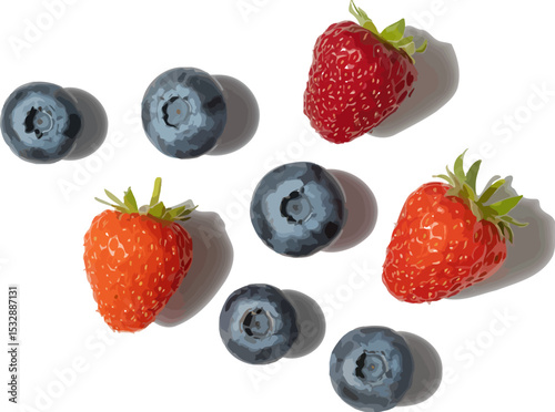 Fresh fruit strawberries and blueberries on white background healthy food summer fruits antioxidant vitamin diet 100 editable stock vector illustration