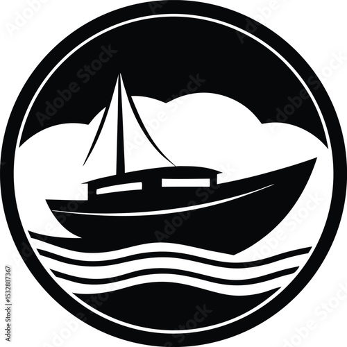 Silhouette of a Cargo Ship Inside Circular Badge with Wavy Frame Maritime Freighter Badge