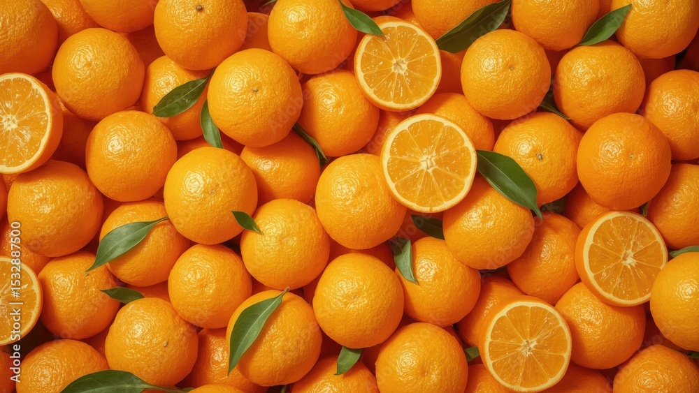 Close up of fresh oranges with green leaves background texture Close up of fresh oranges with green leaves background texture