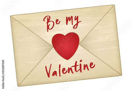 Showing envelope in flat design, red heart seal, Be my Valentine script on transparent background