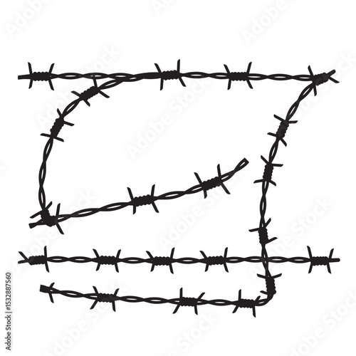 Detailed black barbed wire silhouette elements isolated on white background