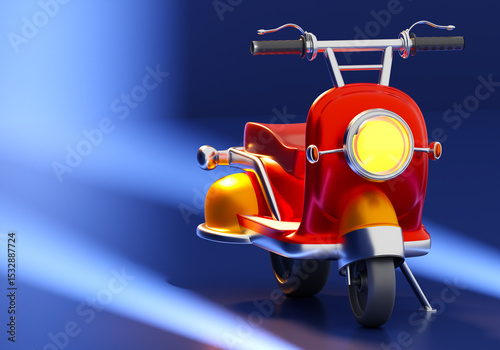 Retro-style red and yellow scooter with headlight on, standing under dramatic lighting on a dark background, representing urban mobility and personal transport – Transport. 3d image