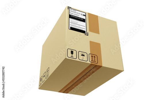 Cardboard shipping box with tape, barcode label, and handling symbols, isolated on white background, used for packaging, transport, and delivery – Logistics. 3d image