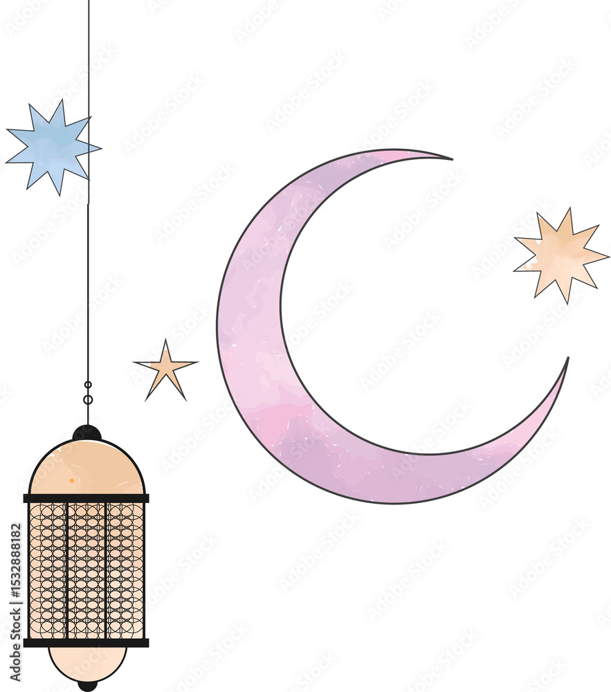 Naklejka premium Soft watercolor crescent moon and lattice lantern are floating on transparent backdrop with stars