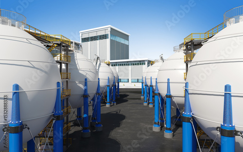 Large spherical gas storage tanks supported by blue steel legs at an industrial facility with modern control buildings, used in petrochemical and energy industries – Energy. 3d image