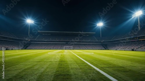Dramatic Football Stadium View with Bright Lights and Grassy Field at Night