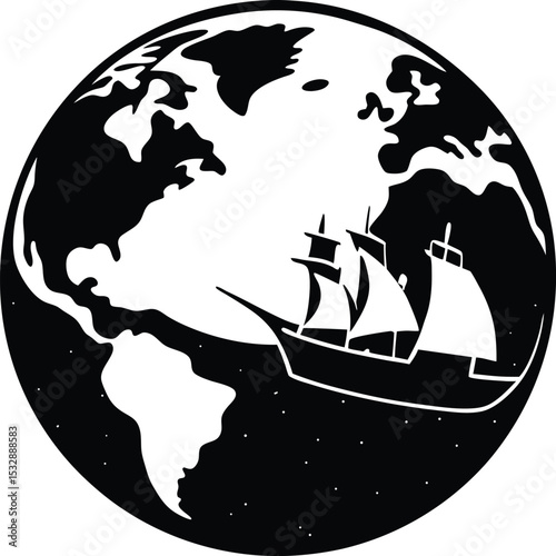 Silhouette of a Globe with Ship Overlay Global Shipping