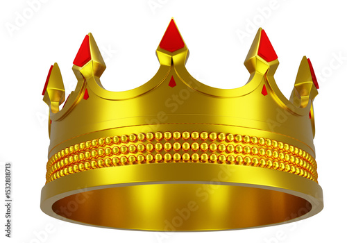 Golden royal crown with red jewels isolated on white background, symbol of power, authority, and monarchy. Royalty, leadership, luxury. - 3d image