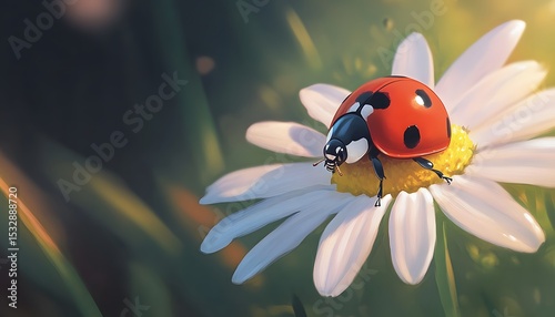 Detailed illustration of a ladybug on a daisy.