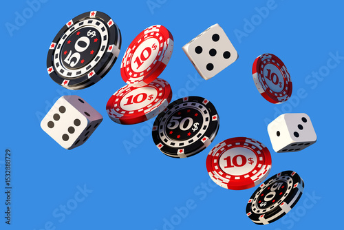 Casino poker chips and dice floating on blue background, representing gambling, betting, and entertainment industry. Casino, gaming, betting. - 3d image