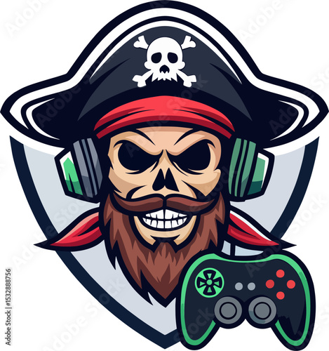Bearded Pirate Skull Gamer Logo with Headset and Game Controller – Vector Illustration