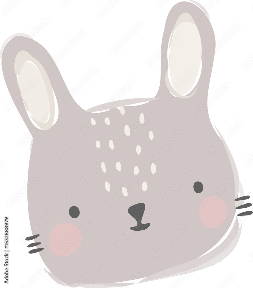 Fototapeta premium Minimalist cartoon bunny head is being shown on transparent background, pastel gray off-white ears
