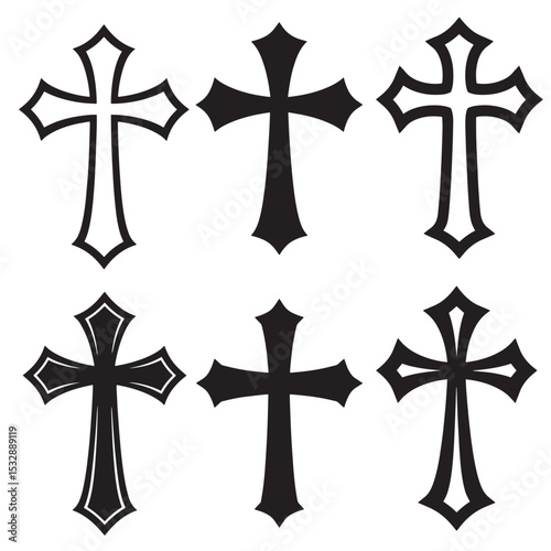Set of six decorative silhouette crosses religious christian symbol vector illustration