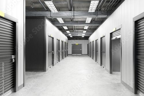 Modern indoor storage facility with gray roll-up doors and clean industrial lighting, designed for personal and business storage. Warehouse, storage, logistics. - 3d image