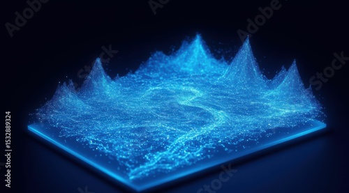 Abstract terrain visualization with blue glowing particles on dark surface