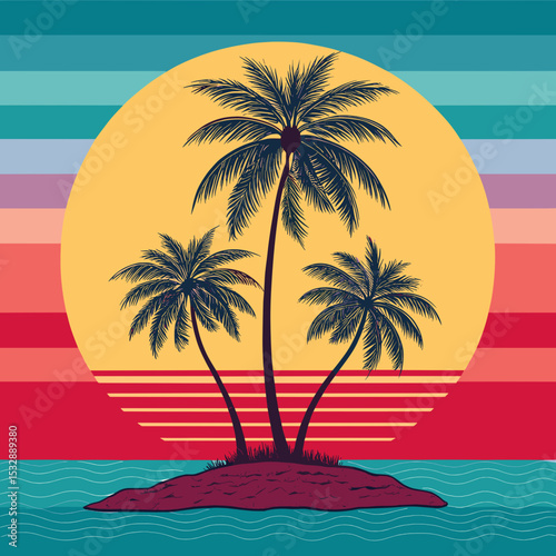 Seamless vector illustration of tropical palm trees silhouette on colorful sunset background for travel promotion, clothing designers, home decoration and summer events
