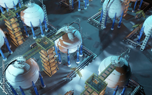 Industrial gas storage facility with spherical tanks, pipelines, and access towers illuminated at night. Used in energy, fuel, and chemical industries. Energy production, industry. - 3d image