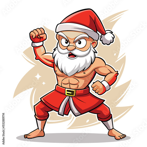 Muscular santa claus ready to fight cartoon illustration for christmas holiday design