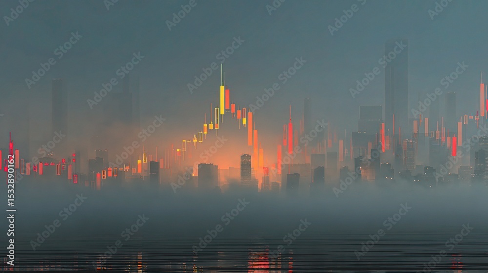 Fototapeta premium Neon Candlestick Visualization of Digital Market Trends at Dusk