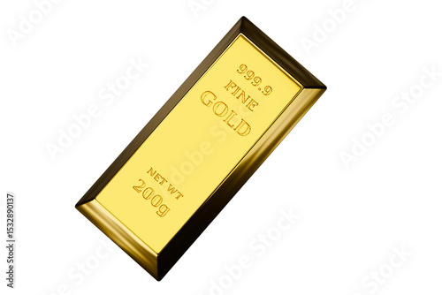 Single shiny 200g gold bar marked 999.9 fine gold isolated on white background, symbolizing investment, wealth, and financial value. Finance, banking, investment. - 3d image