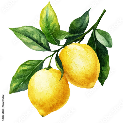 Realistic botanical illustration of lemon fruit with leaves, clean transparent background, watercolor detail, fresh citrus vibe