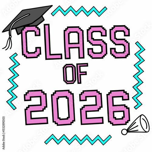 Class of 2026 graduation design element pixel art style