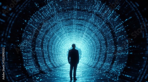 Silhouette in glowing data tunnel, abstract technology concept
