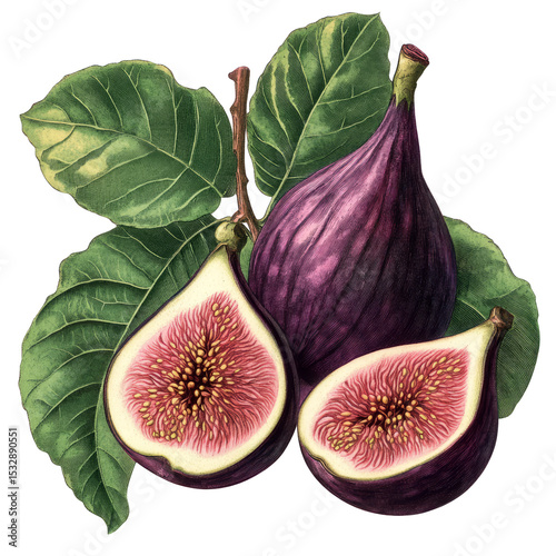 Vintage botanical drawing of fig fruit and sliced fig with green leaves, transparent PNG background, scientific style