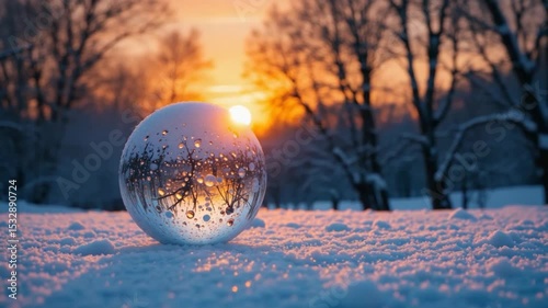 Stunning Winter Sunrise Captured Through a Crystal Ball in a Snowy Forest Setting