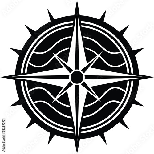 Compass Rose with Sea Waves Crossing Through Ocean Comb