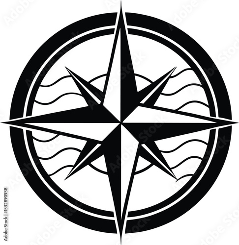 Compass Rose with Sea Waves Crossing Through Maritime Comb