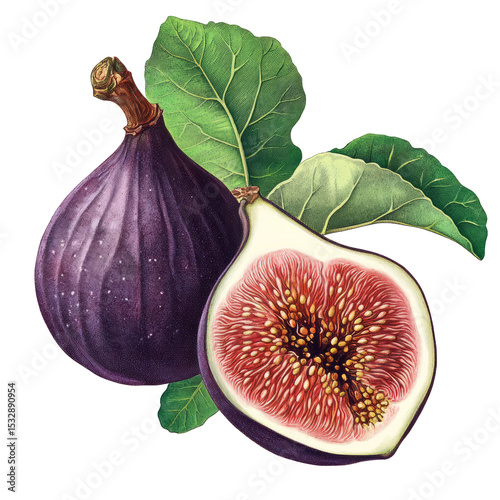 Vintage botanical drawing of fig fruit and sliced fig with green leaves, transparent PNG background, scientific style