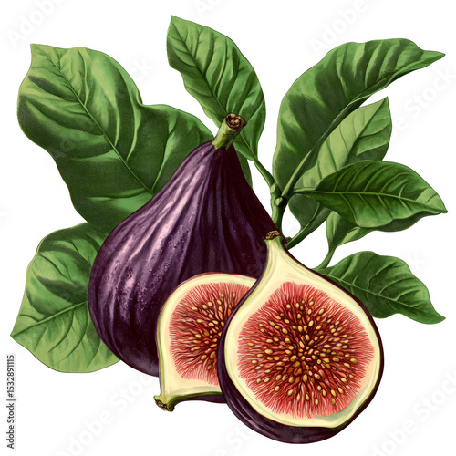 Vintage botanical drawing of fig fruit and sliced fig with green leaves, transparent PNG background, scientific style