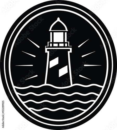 Lighthouse on Rocks with Beams and Sea Waves Navigational Frame