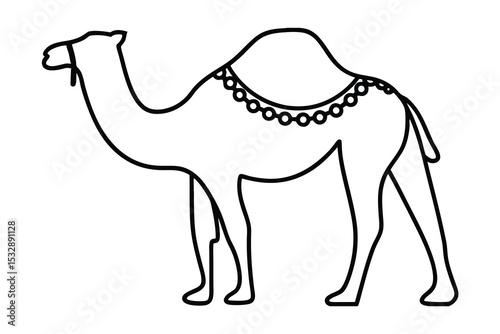 Simple line art drawing of a camel with saddle