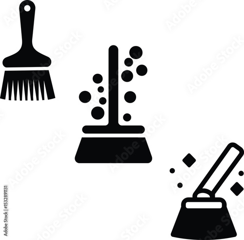 High quality photo of set of Broom mop sweep icon Clean tidy dust cleanup vector symbol.
