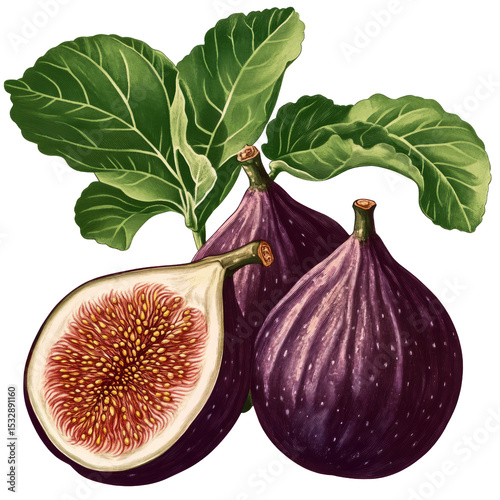Vintage botanical drawing of fig fruit and sliced fig with green leaves, transparent PNG background, scientific style